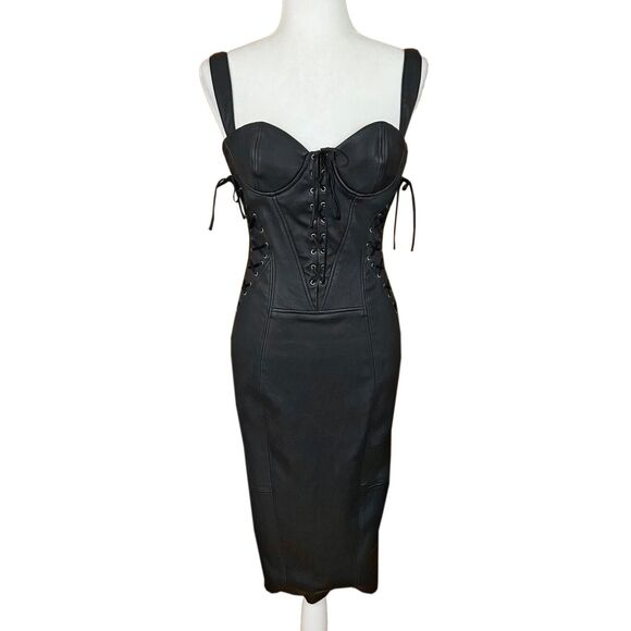Kiki de Montparnasse Corset Effect Midi Dress Size 6 Black Lambskin Silk Lining - Picture 3 of 16